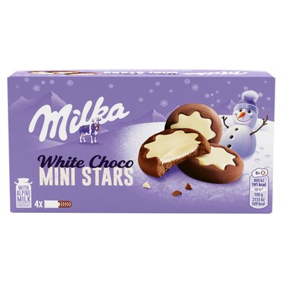 Obrázek Milka White Choco Mini Stars kakaové sušenky, mléčná náplň a bílá čokoláda 150g