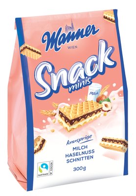 Obrázek Manner Snack Minis křupavé oplatky plněné lískooříškovým a mléčným krémem 300g
