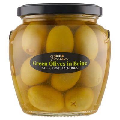Obrázek BILLA Premium Zelené olivy plněné mandlemi ve slaném nálevu 550g