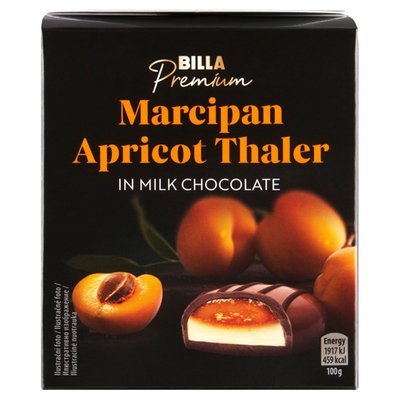 Obrázek BILLA Premium Mléčná čokoláda s meruňkovou náplní na marcipánové vrstvě zdobená čokoládou 200g